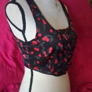 Cherry Print Black Crop Top